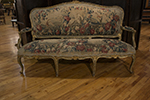 louis xv painted and gilded sofa with carved frame and is aubussion tapestry