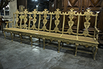 italian painted long settee with shaped back splat and cane seats. carved and shaped legs culminating to individual single stretchers.