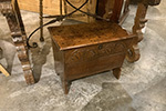 english oak coffer with carved front, slab end supports