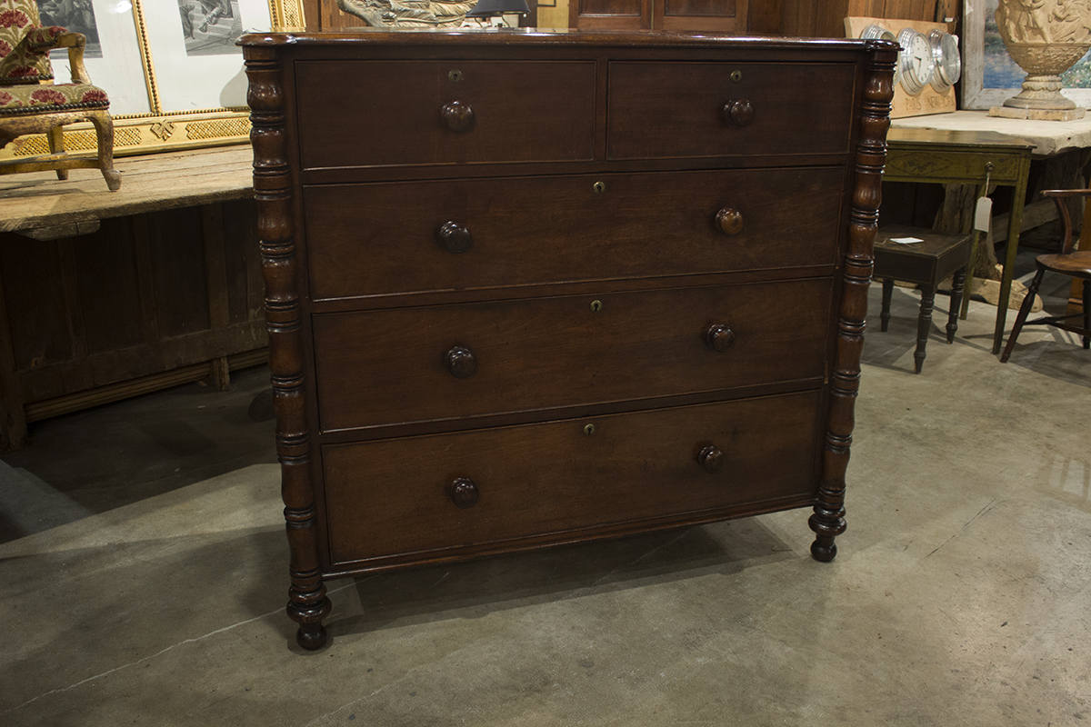 English mahogany Chest with Spiral Column Corners and Shaped Top