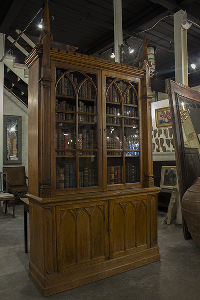 English Oak Gothic Display Cabinet with Two Glazed Doors over Two Panel Doors