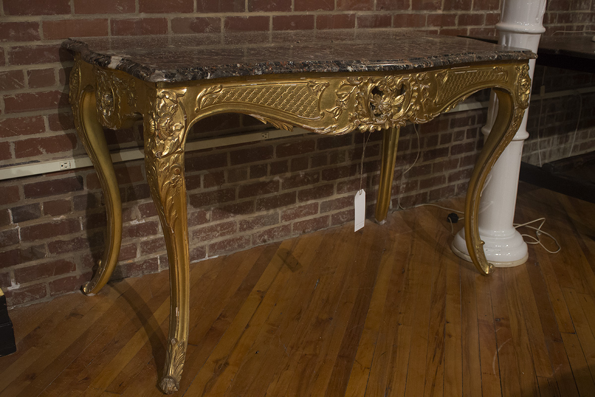 Louis XV Gilded Console with Pierced,Foliated Carved Frieze & Legs , Shaped Marble Top.