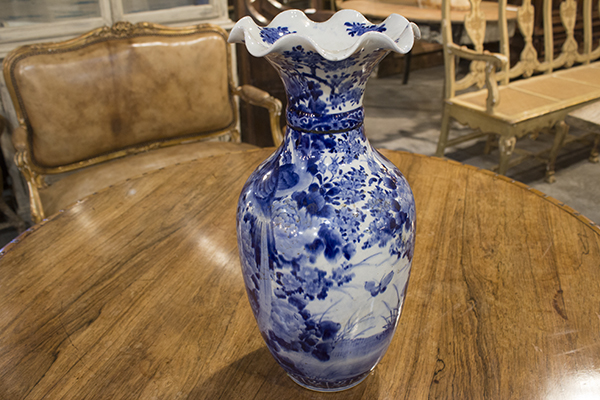 English Blue and White Oriental Vase with Scalloped Rim