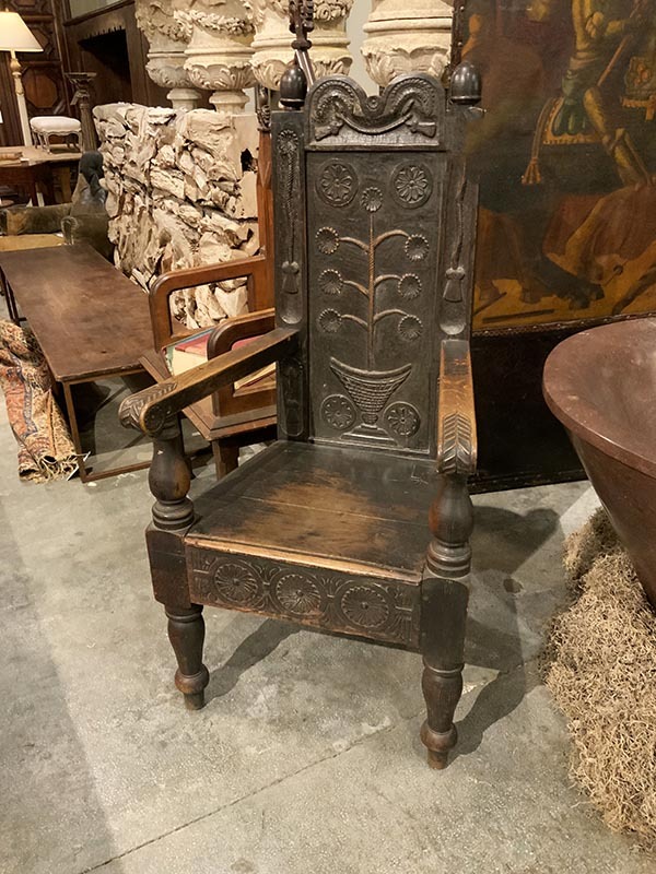 English Carved Oak Armchair in Arts and Craft Style