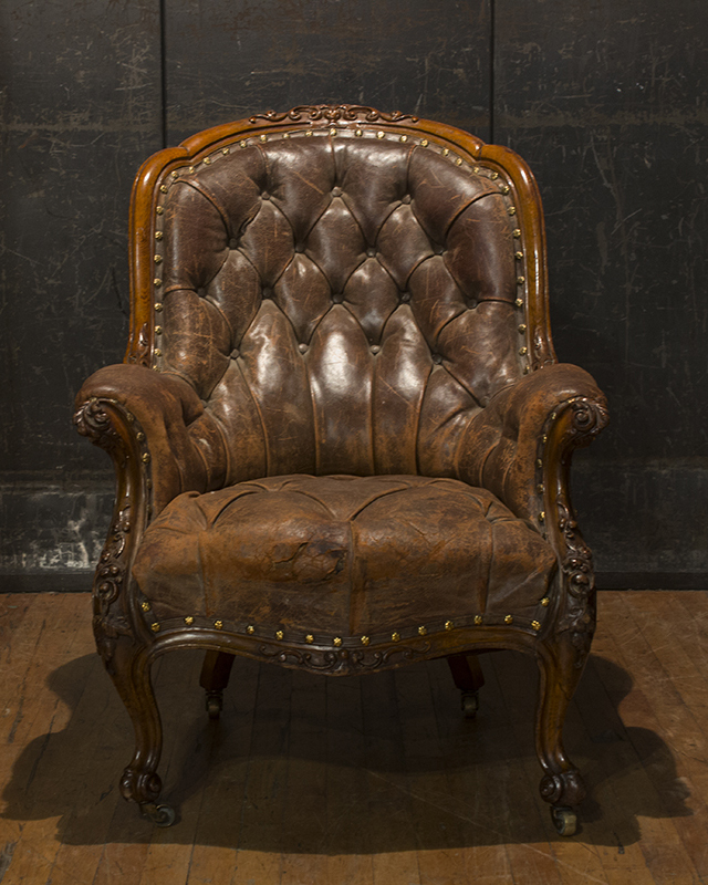 Victorian Style English Country House Leather Library Armchair with Nail Head Trim