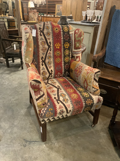 English Georgian Mahogany Wing Chair in Kilim Carpet
