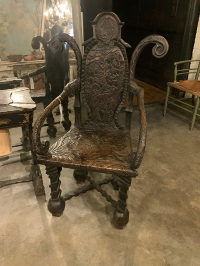Irish Carved Armchair with Unique Out Scrolled Feature, Tree Carving and Rounded Arms