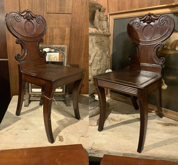 Pair of Carved English Mahogany Hall Chairs