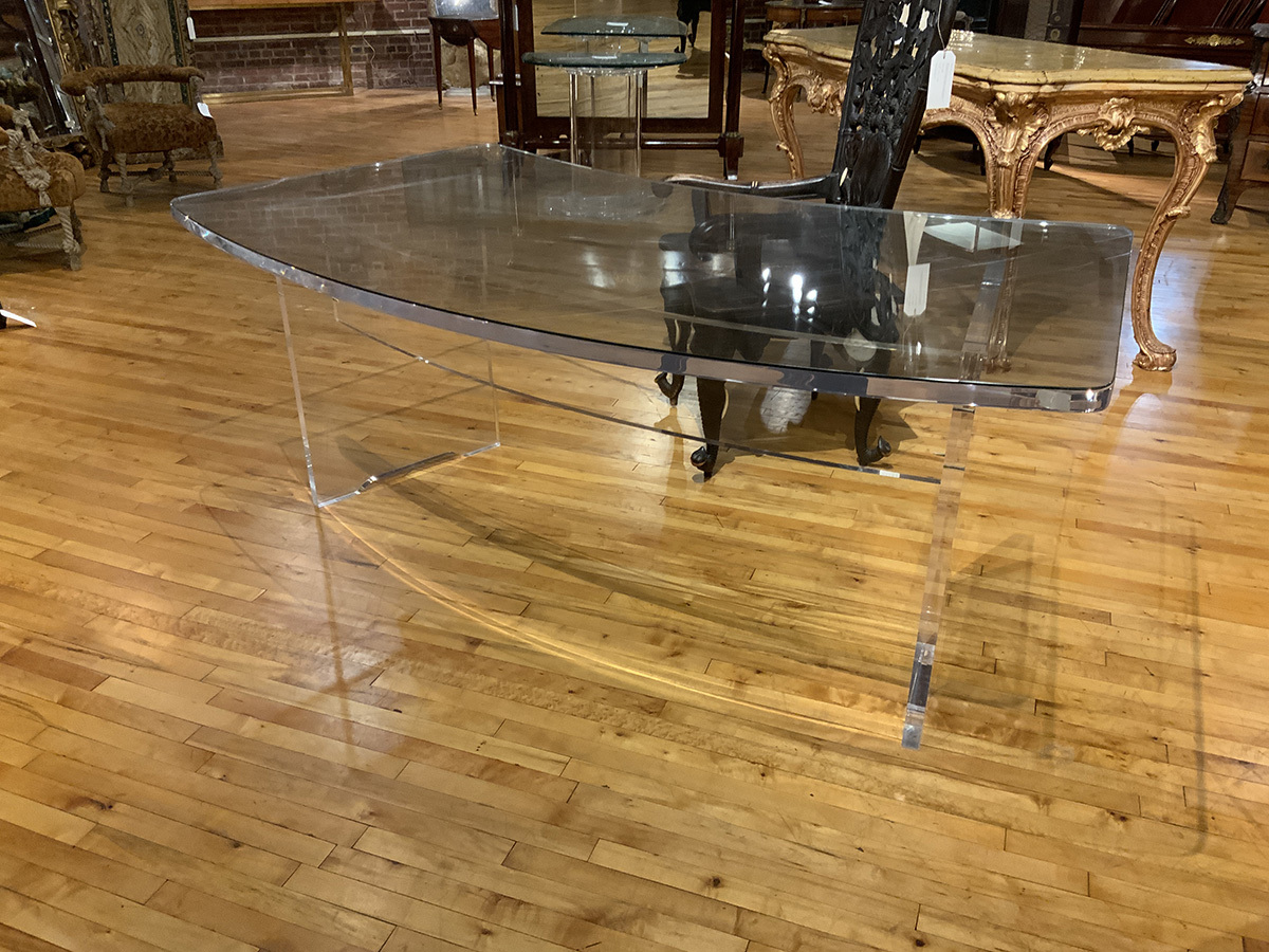 French Large Lucite Desk w/ Solid Single Stretcher
