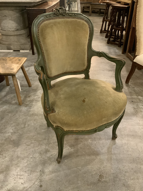 Louis XV Painted Open Armchair with Padded Back and Seat