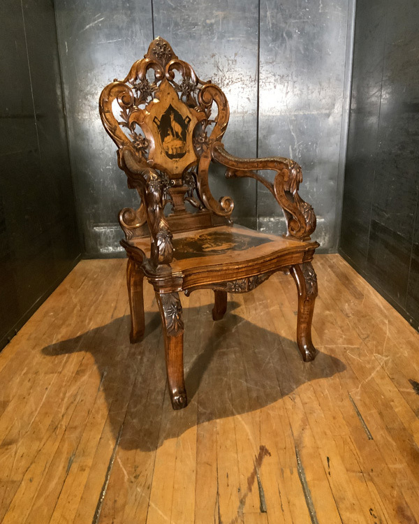 Large Rare 19th Century Carved Linden Wood Musical Chair