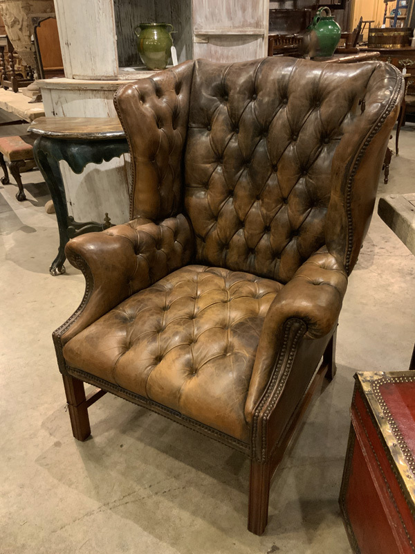 Large Scale English Button leather Wing Chair with Nailhead Trim